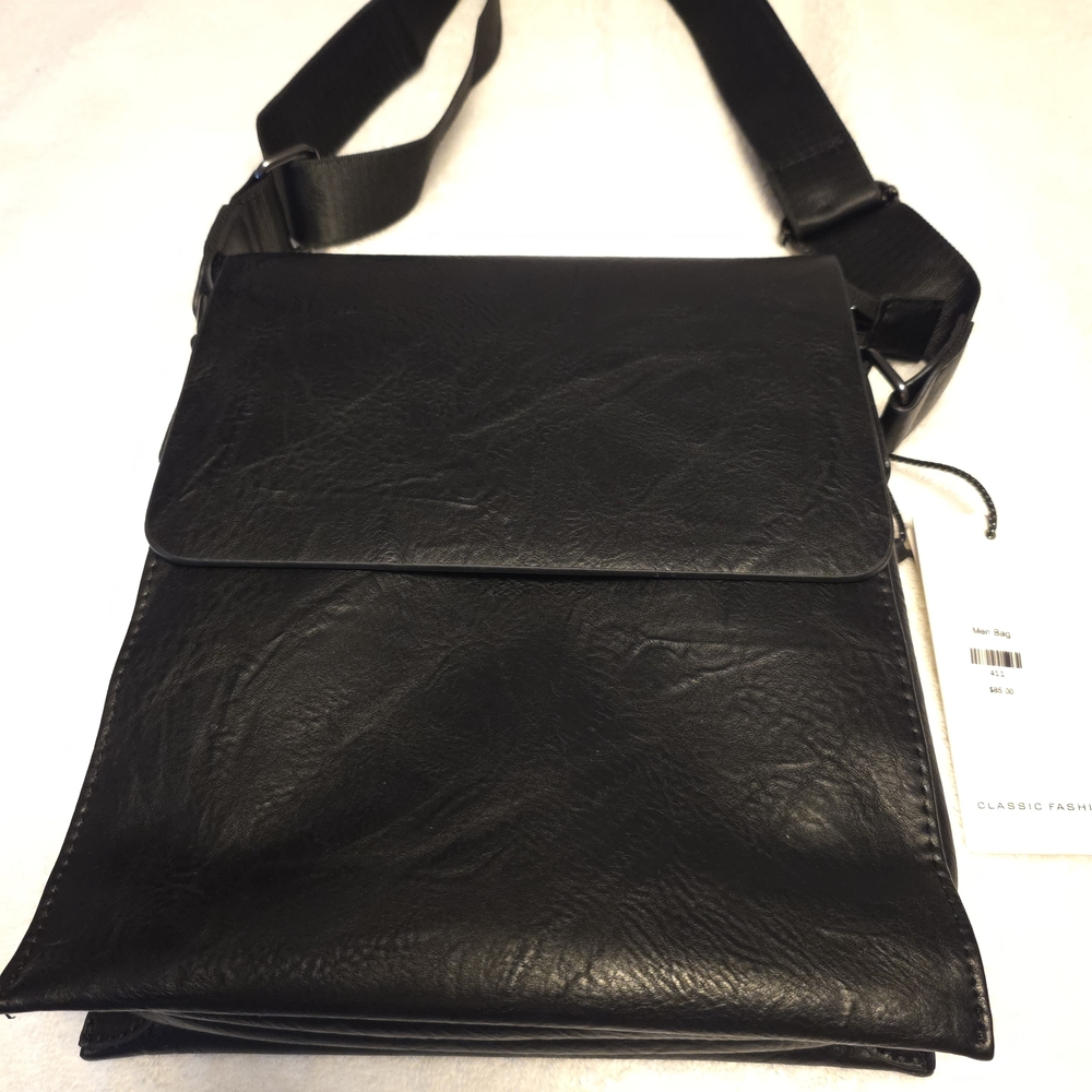 Men's Black Leather-Effect Messenger Bag with Adjustable Strap